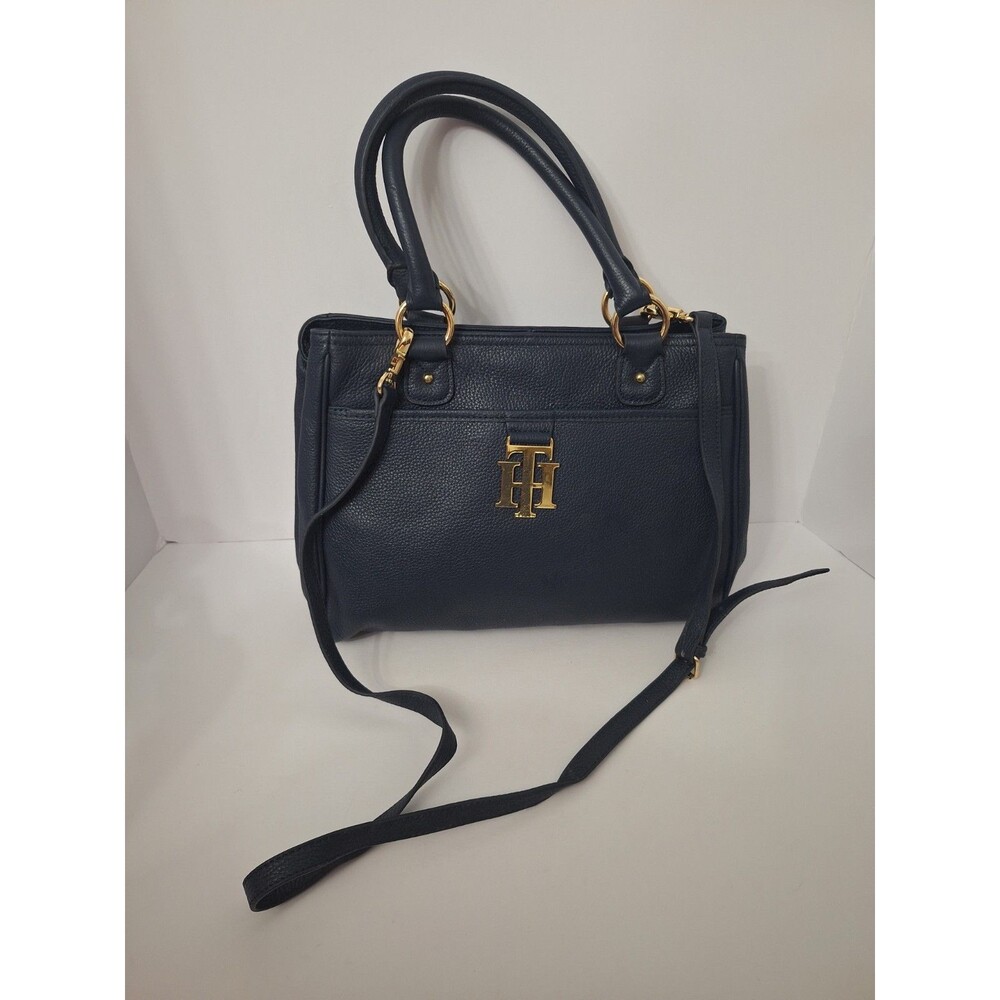 Tommy Hilfiger Navy Blue Pebbled Leather Satchel Handbag Crossbody Purse